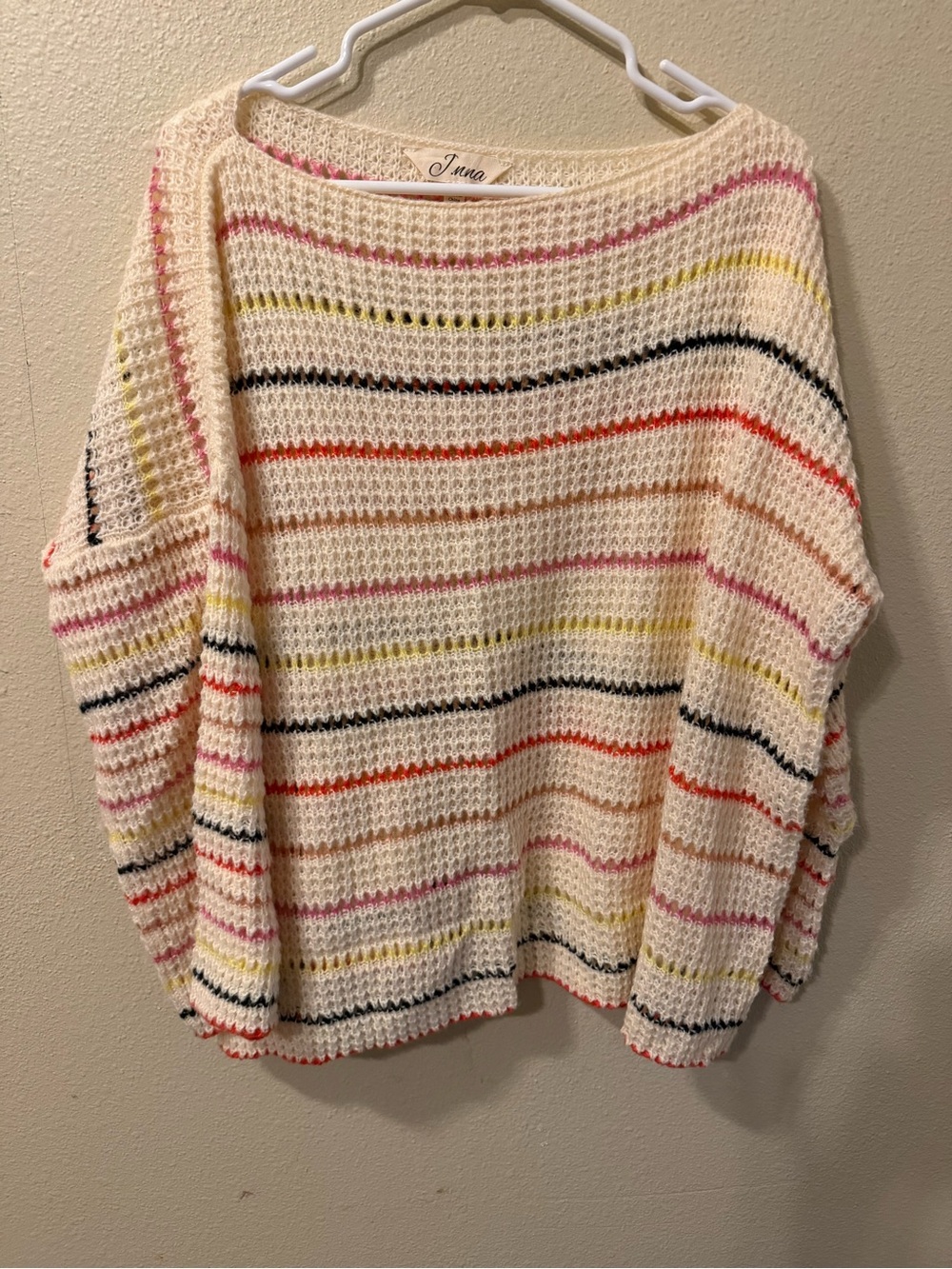 Three Bird Nest Cream Open-Weave Crewneck Sweater with Multicolor Stripes